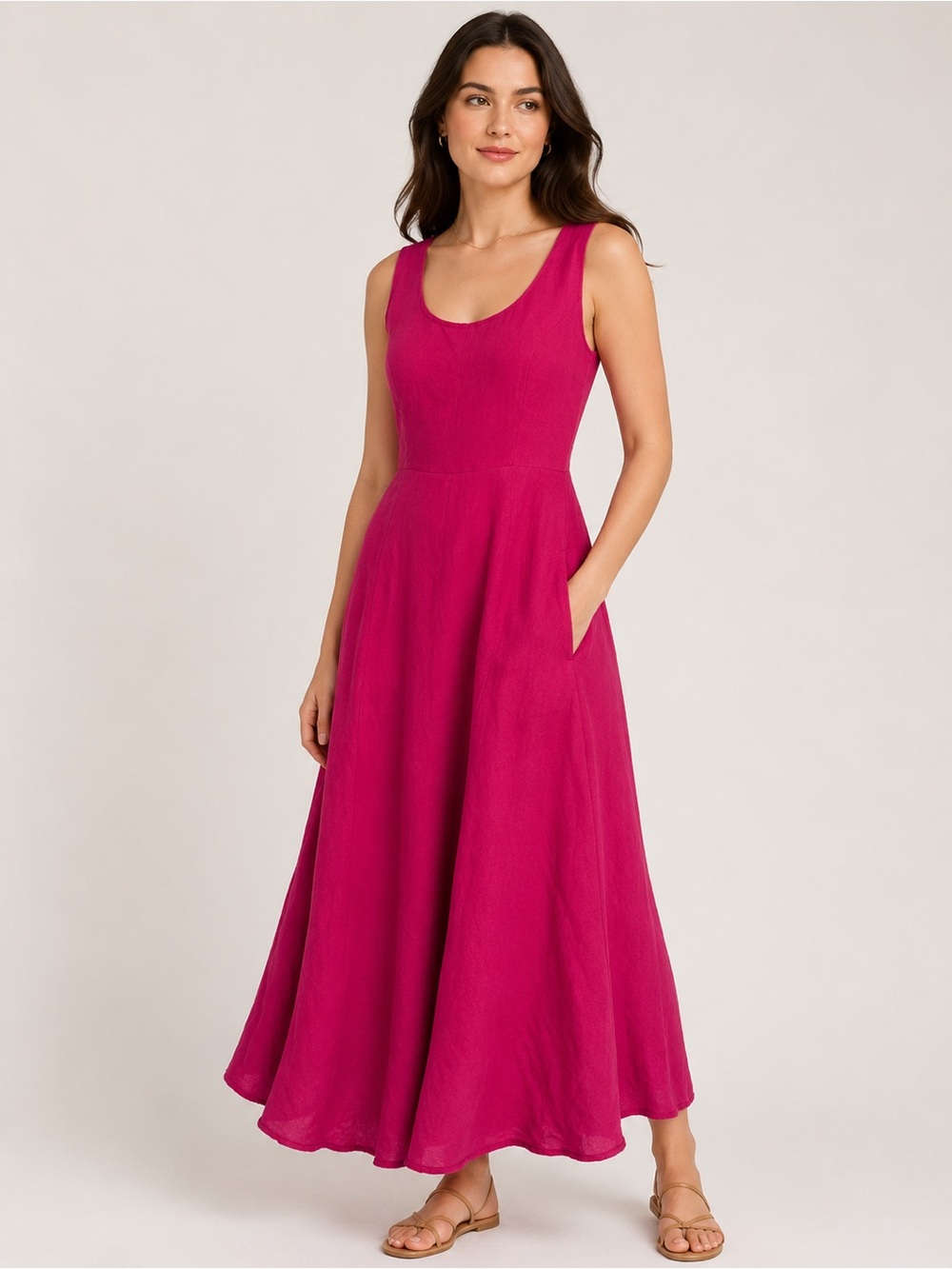 Vintage Linen Blend Midi Dress – Size 6 – Made in USA